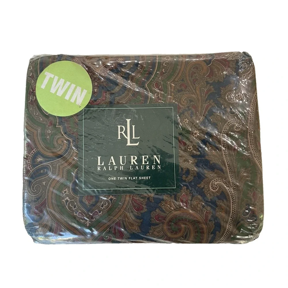 New Vtg Ralph Lauren Brianna Paisley‎ Blue Green TWIN Flat Sheet NIP